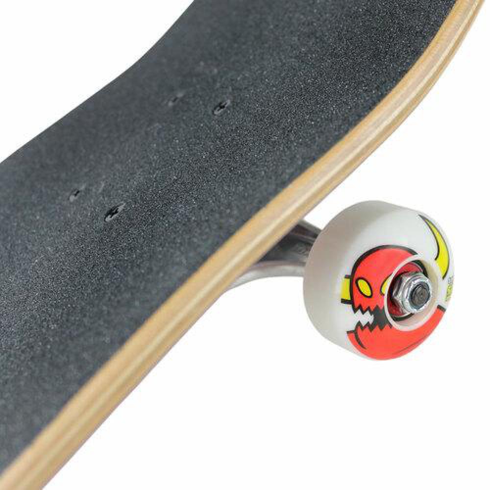 Close-up of a skateboard with a red and yellow wheel on a white background