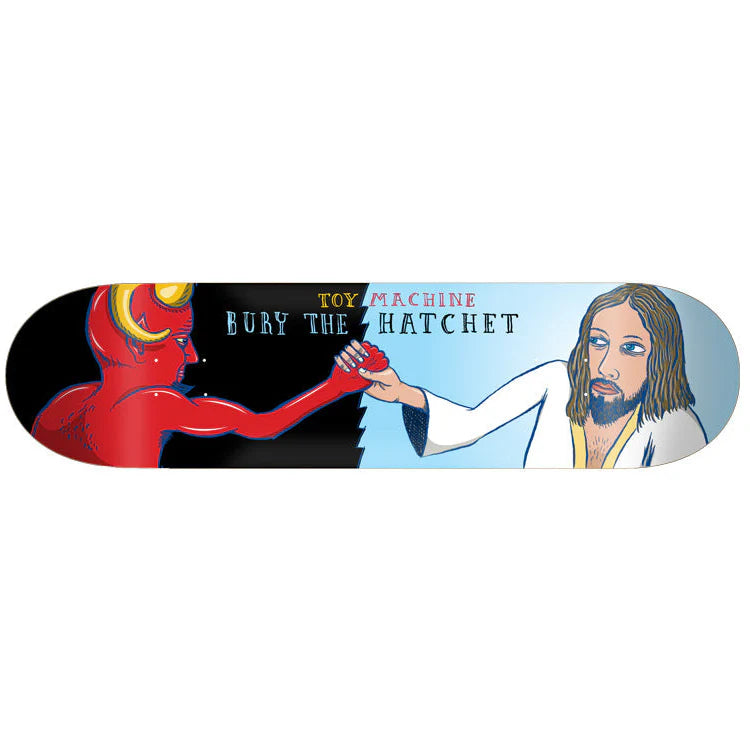 Skateboard deck with graphic design of a red figure and a person in a white coat, featuring the brand 'Toy Machine'.