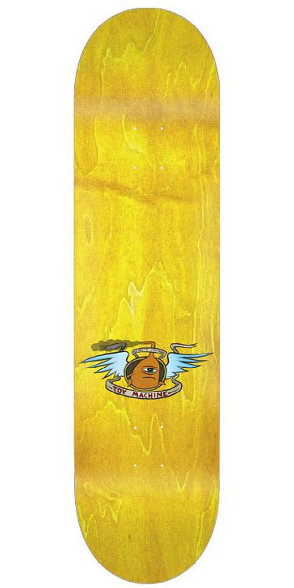 Yellow skateboard deck with a logo on a white background