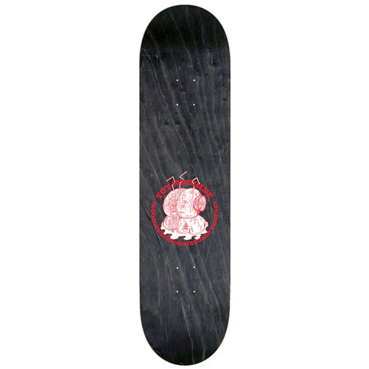 Skateboard deck with a red graphic design on a white background