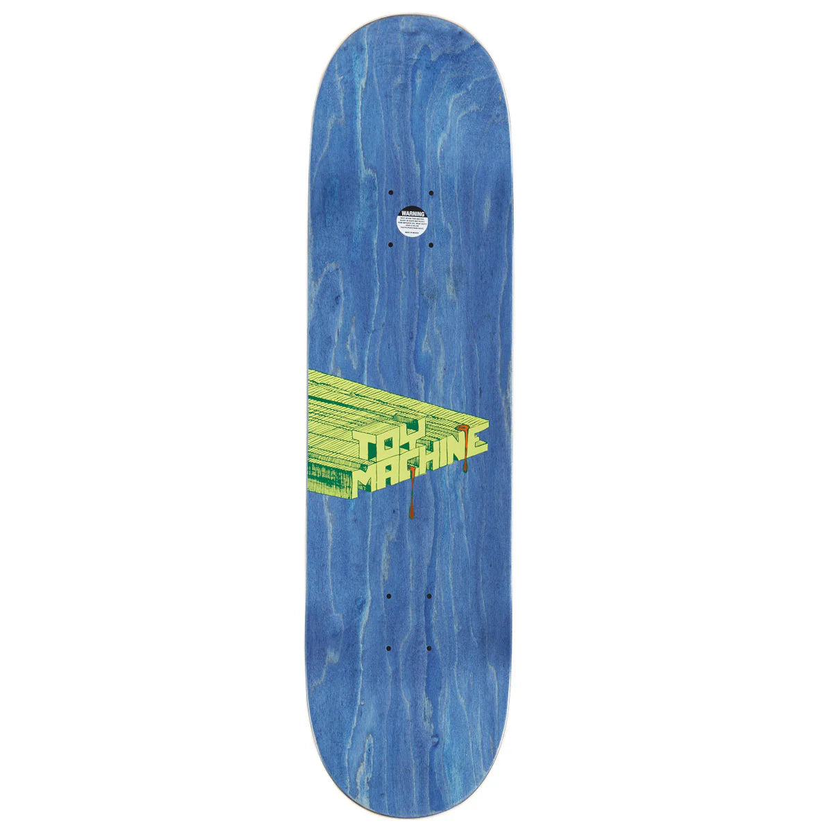 Blue skateboard deck with green text on a white background