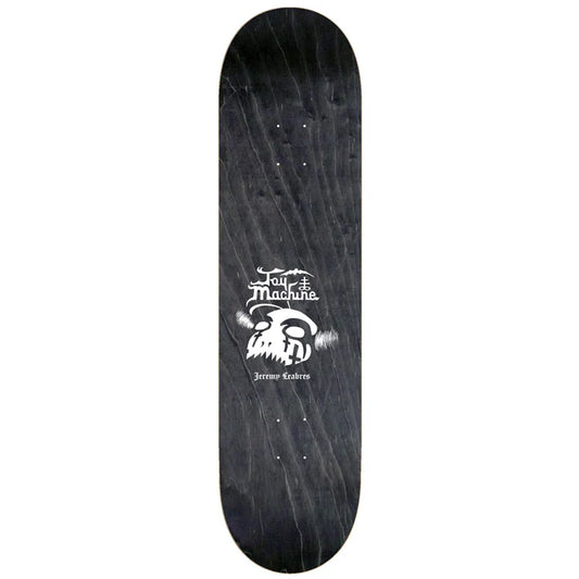 Black skateboard deck with a white logo on a white background