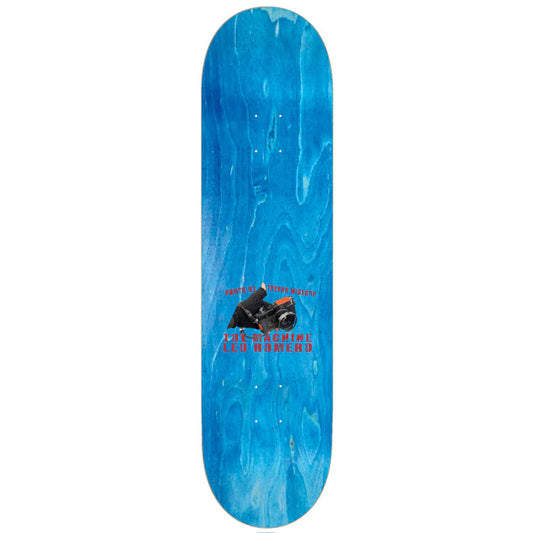 Blue skateboard deck with a graphic design on a white background