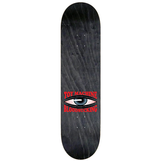 Black skateboard deck with red and white text on a white background