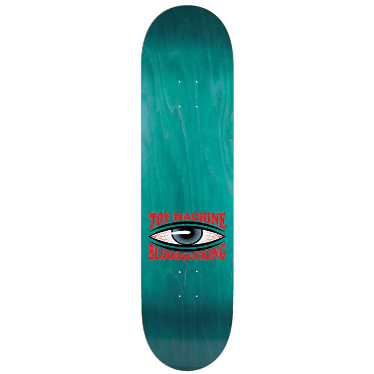 Teal skateboard deck with red and white text on a white background