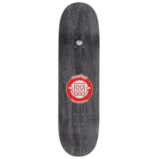 A dark gray wood skateboard deck featuring a red circular graphic with a white robot face and the text 'Rowley' and 'Big Machine' in the center.