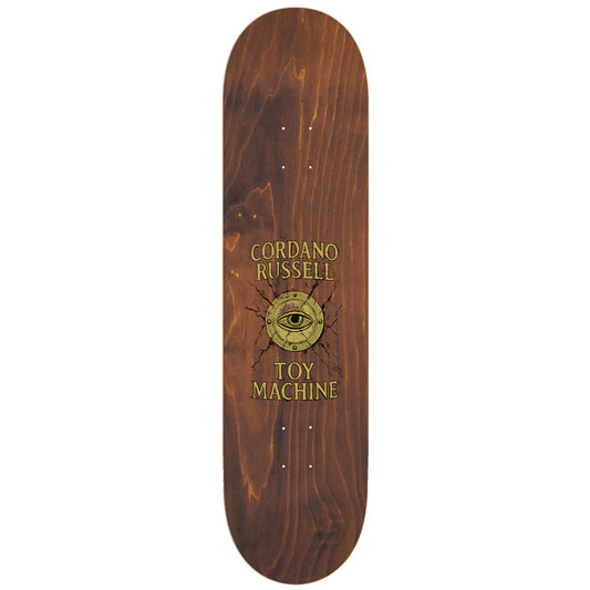 Wooden skateboard deck with 'Toy Machine' branding and design on a white background