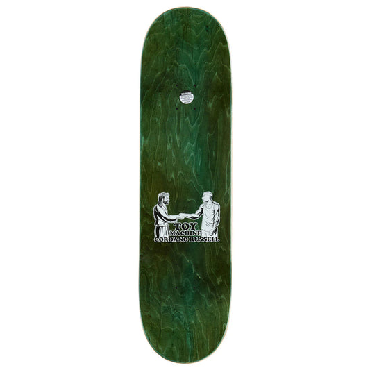 Green skateboard deck with a design of two figures shaking hands and text on a white background