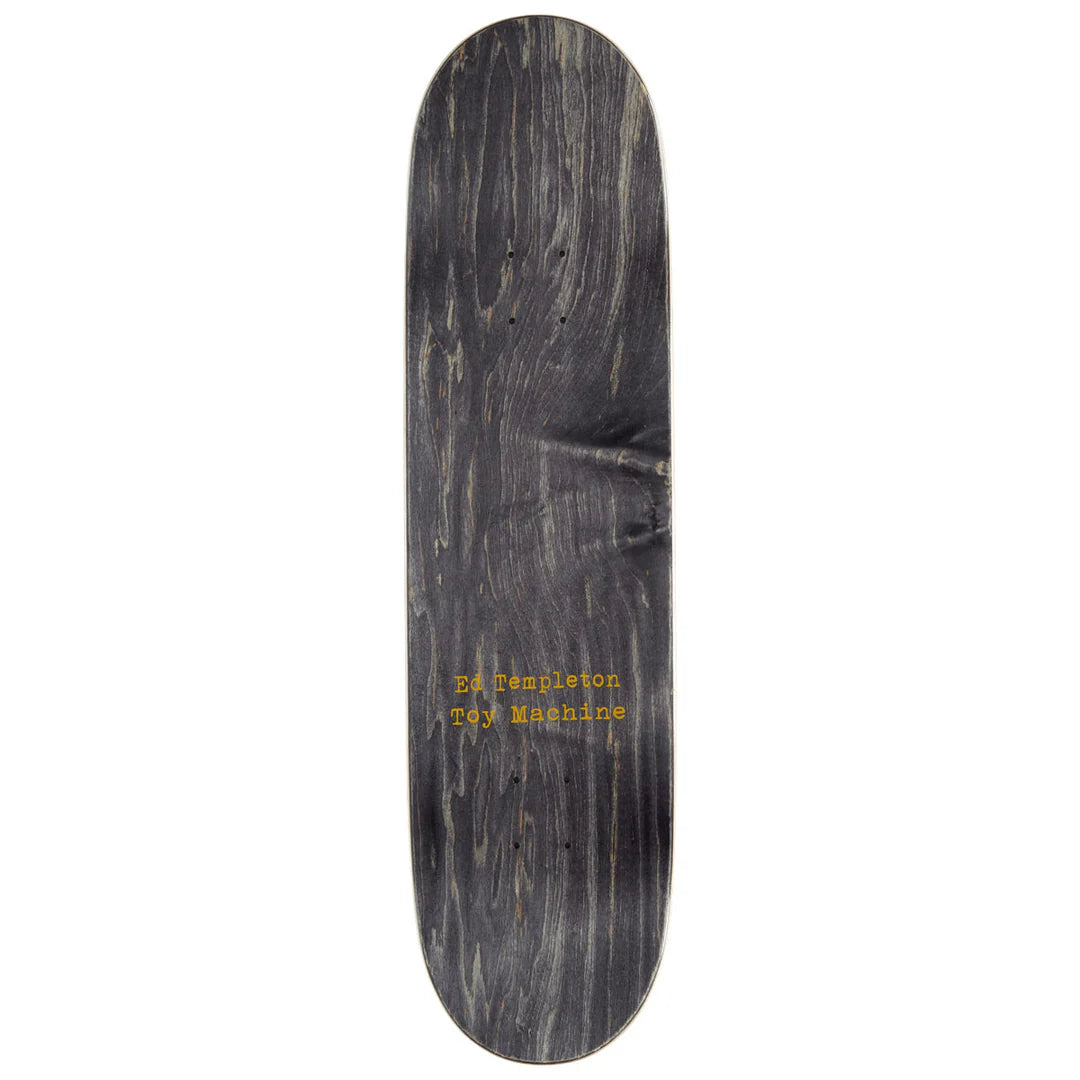 Skateboard deck with text on a white background