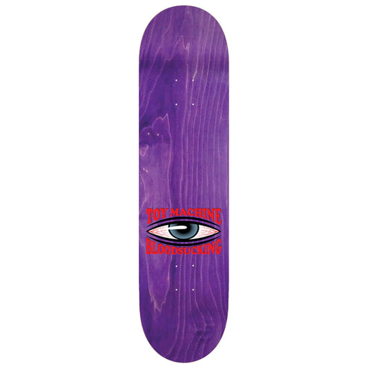 Purple skateboard deck with an eye design and text on a white background
