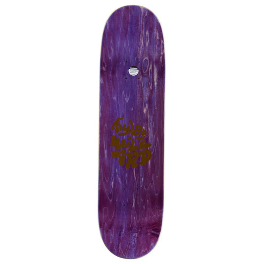 Purple skateboard deck with a logo on a white background