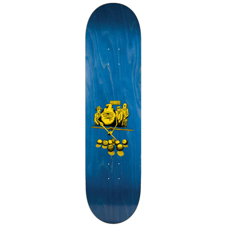 Blue skateboard deck with yellow graphic design on a white background