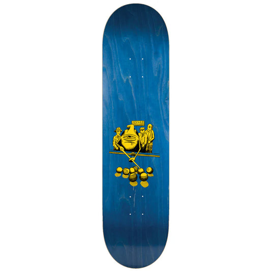 Blue skateboard deck with yellow graphic design on a white background