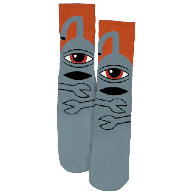 Pair of socks with a unique design on a white background