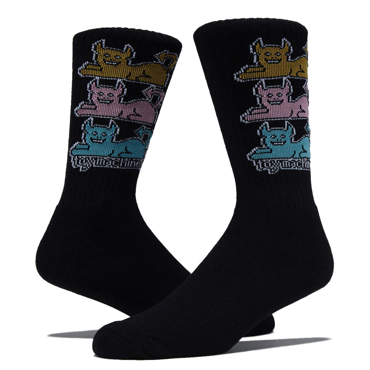 Black socks with colorful graphic design on a white background