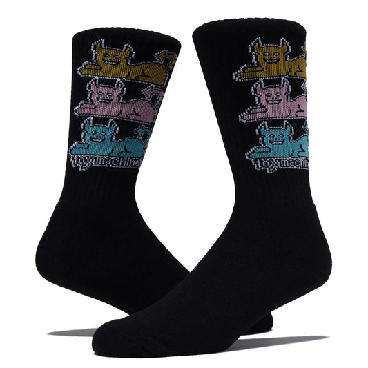 Black socks with colorful graphic design on a white background