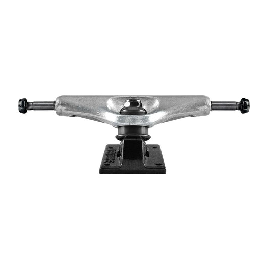 Skateboard truck with silver metal top and black base on a white background