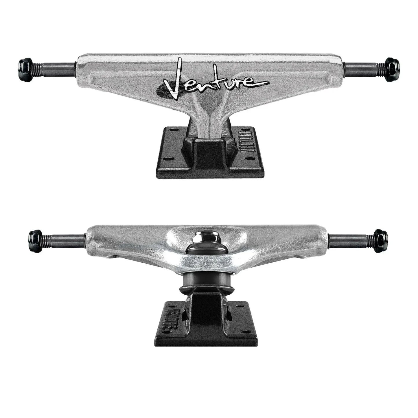 Two metal skateboard trucks with 'Venture' branding on a white background