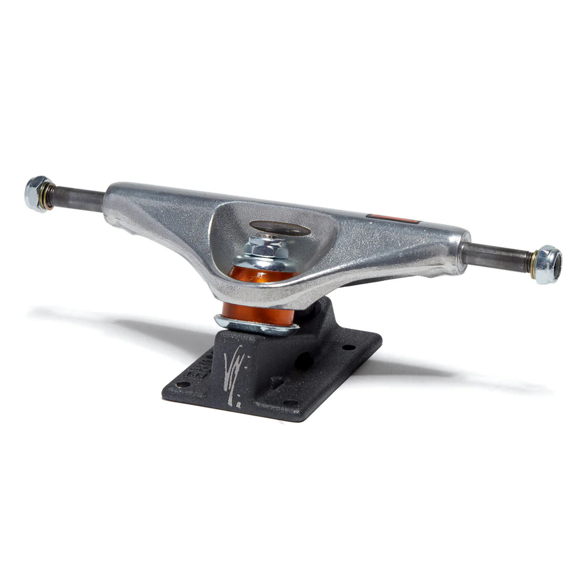 Skateboard truck with metal finish on a white background