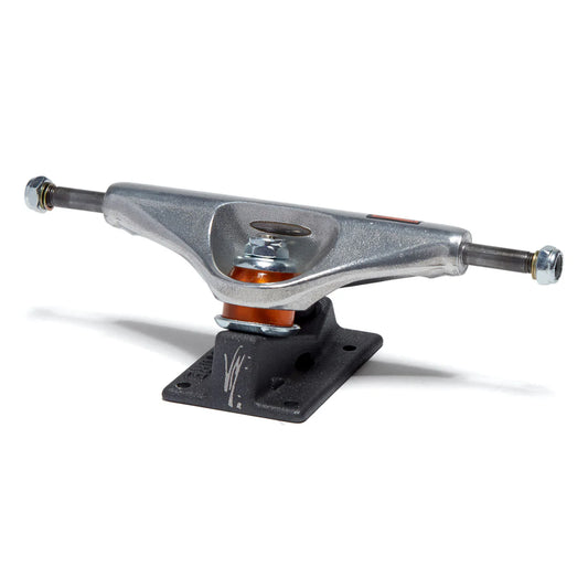 Skateboard truck with metal finish on a white background