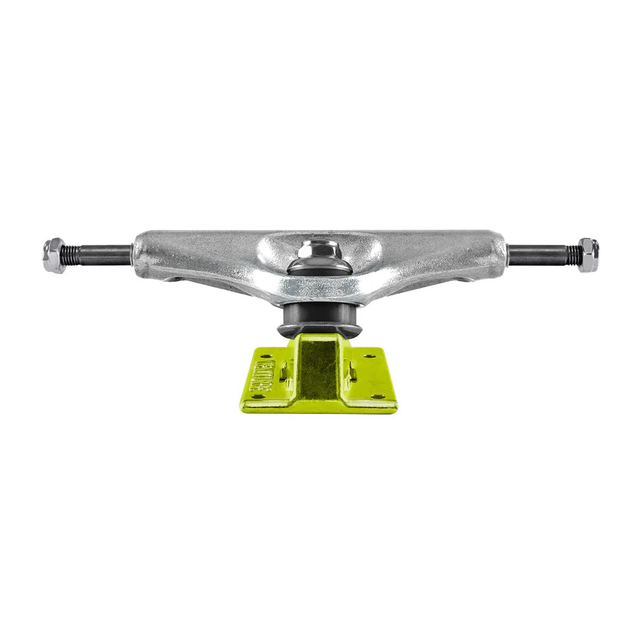 Skateboard truck with a green bushing on a white background