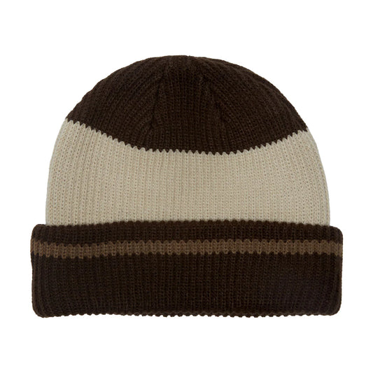 Two-tone black and beige beanie on a white background