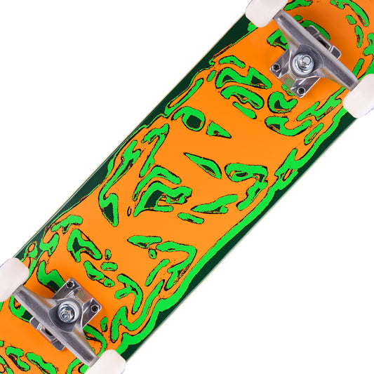 Skateboard with orange and green pattern on a white background