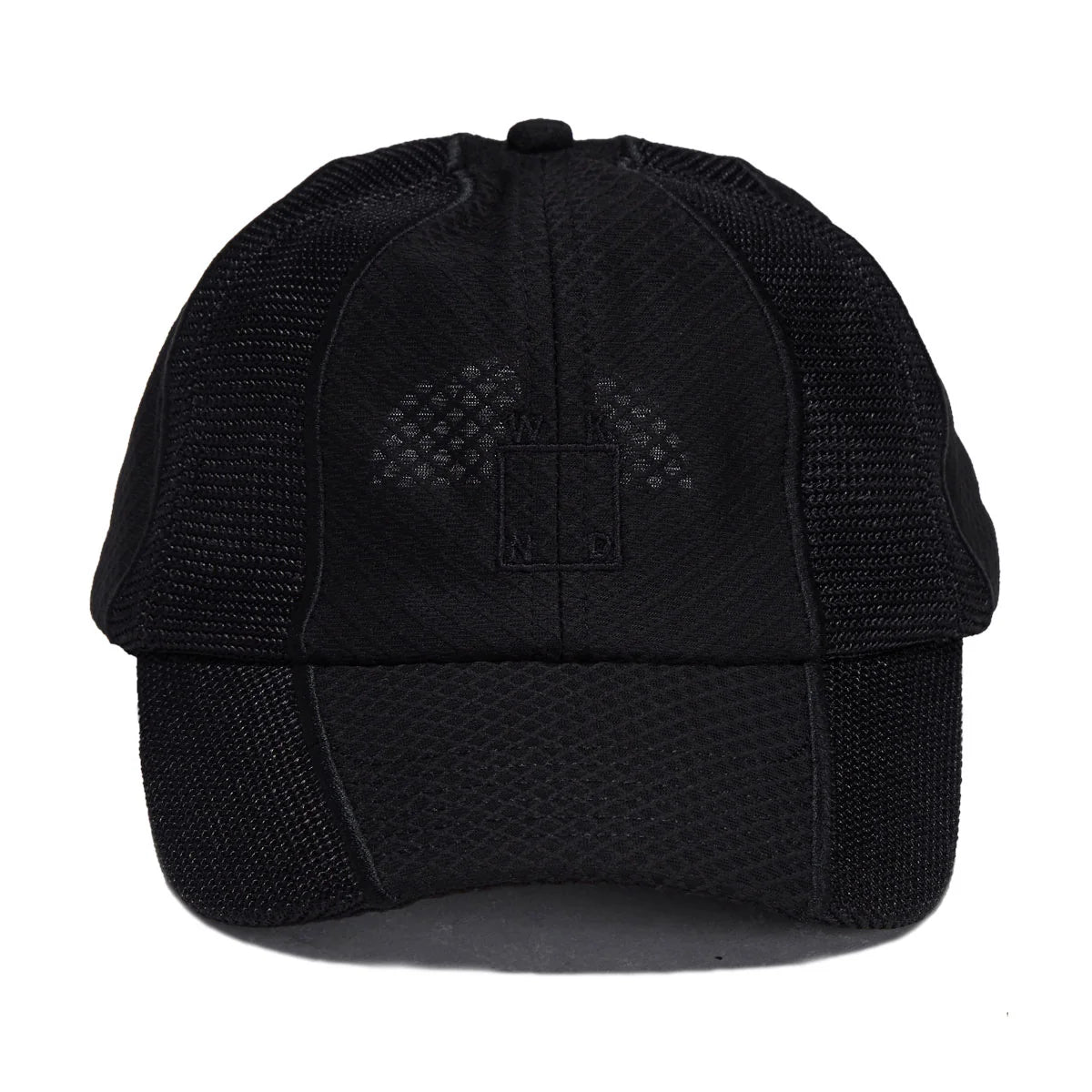 A black baseball cap with a structured front panel and breathable mesh back panels, featuring a tonal embroidered logo on the front.