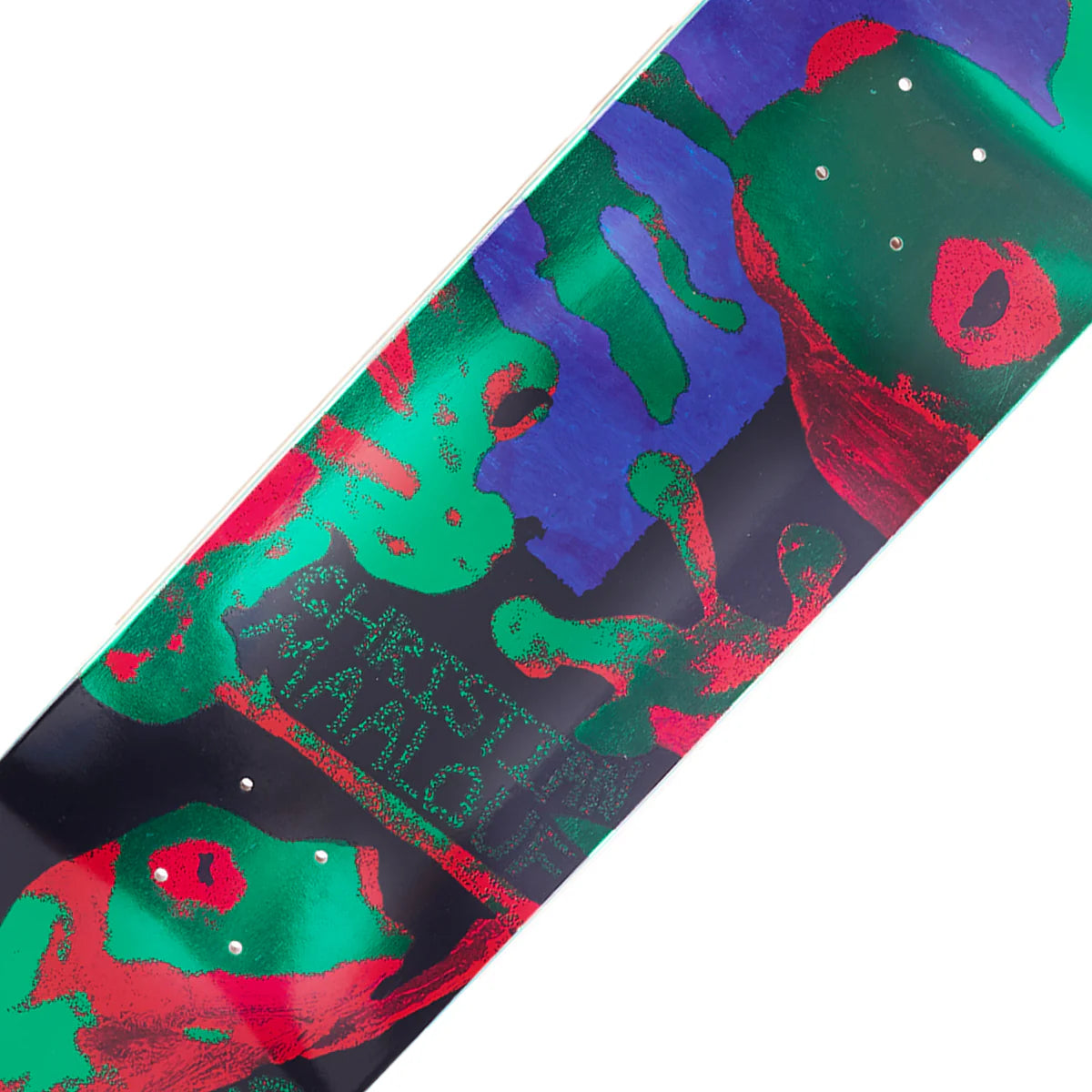 Colorful skateboard deck with abstract designs and text on a white background