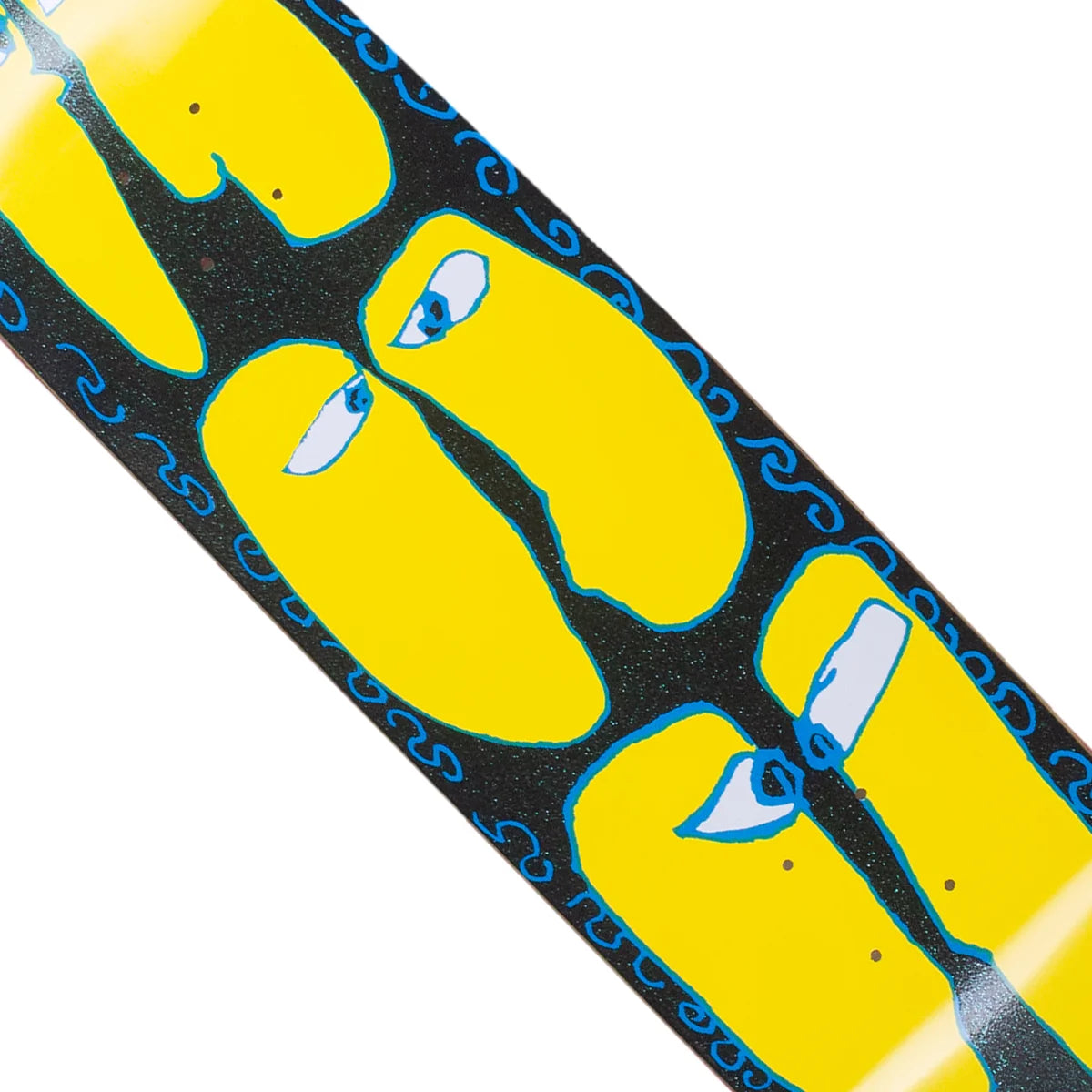 Close-up of a skateboard deck with yellow and black design on a white background