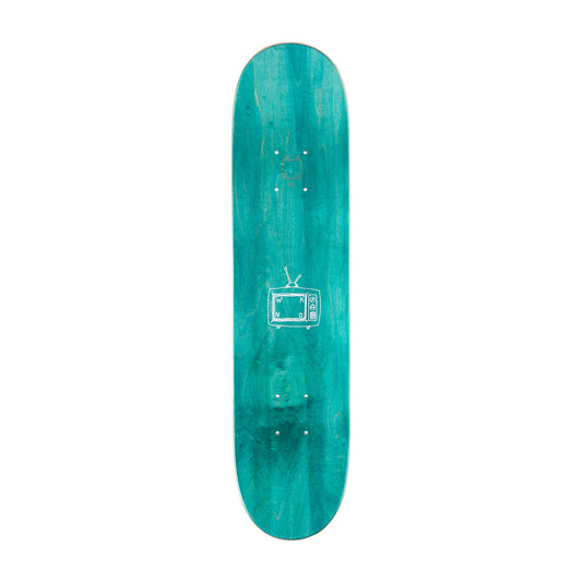 Teal skateboard deck with a logo on a white background