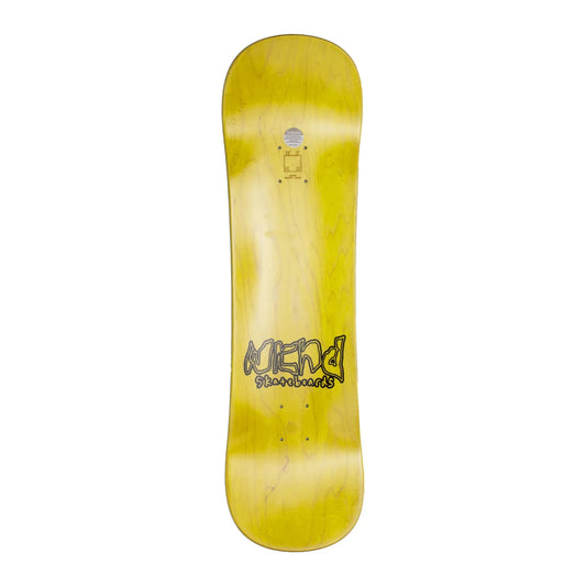 A yellow skateboard deck with a natural wood grain finish and a black 'wknd Skateboards' logo printed on the bottom, shown against a plain white background.