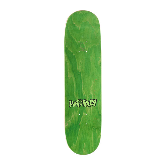Green skateboard deck with a logo on a white background