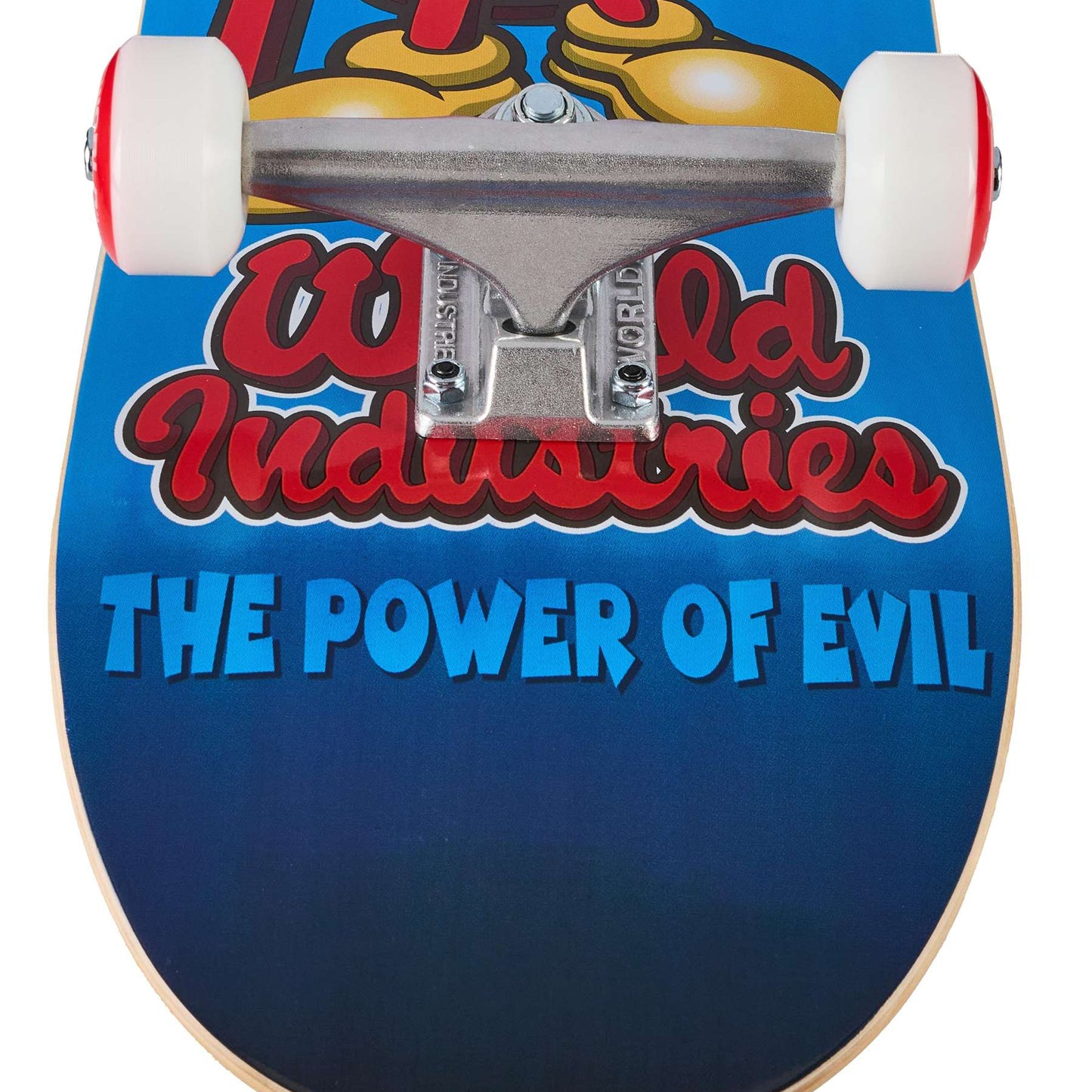Skateboard deck with a cartoon character and 'Cold Industries' branding on a blue background