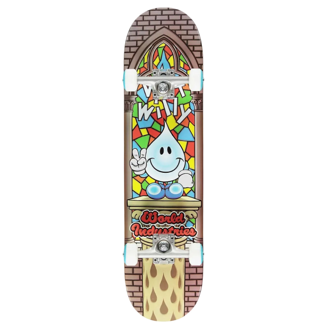 Skateboard deck with colorful design and text on a white background