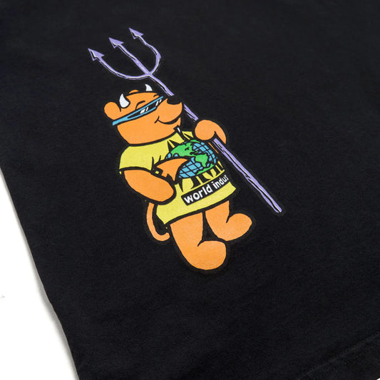 Black t-shirt with a cartoon character holding a trident on a white background