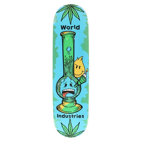 Skateboard deck with a cartoon design of a bong and smoking character on a blue background.