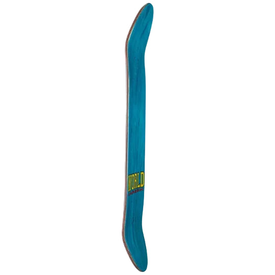 Blue skateboard deck with 'World' branding on a white background