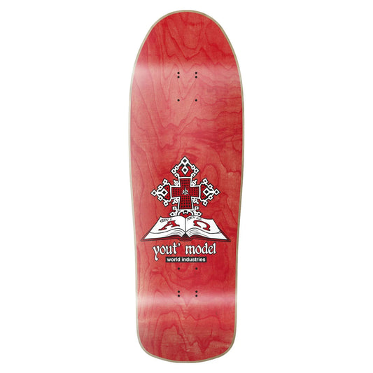 Red skateboard deck with a white logo on a white background
