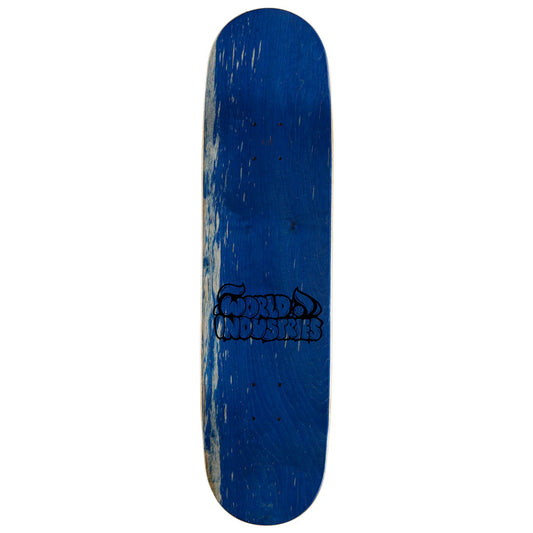 Blue skateboard deck with a logo on a white background