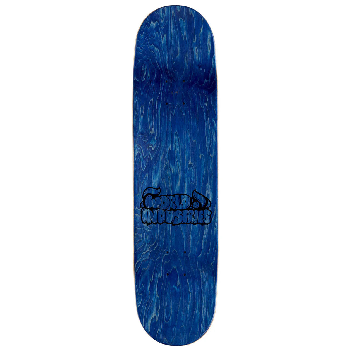 Blue skateboard deck with a logo on a white background