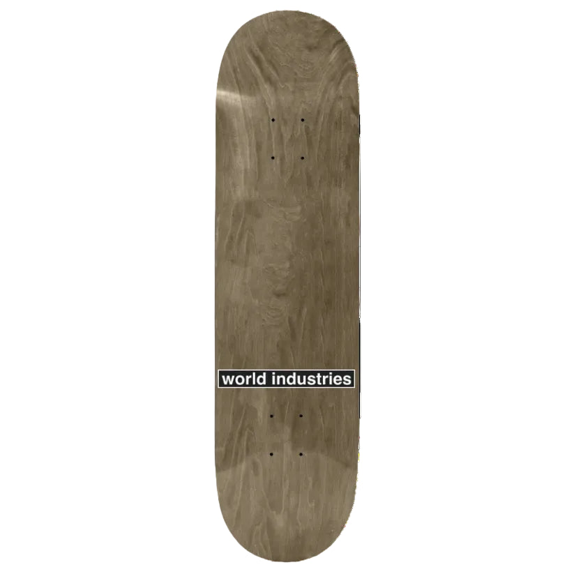 Wooden skateboard deck with 'world industries' logo on a white background
