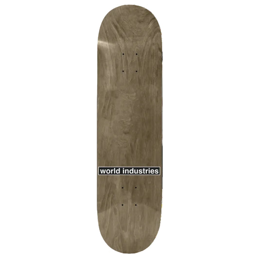 Wooden skateboard deck with 'world industries' logo on a white background