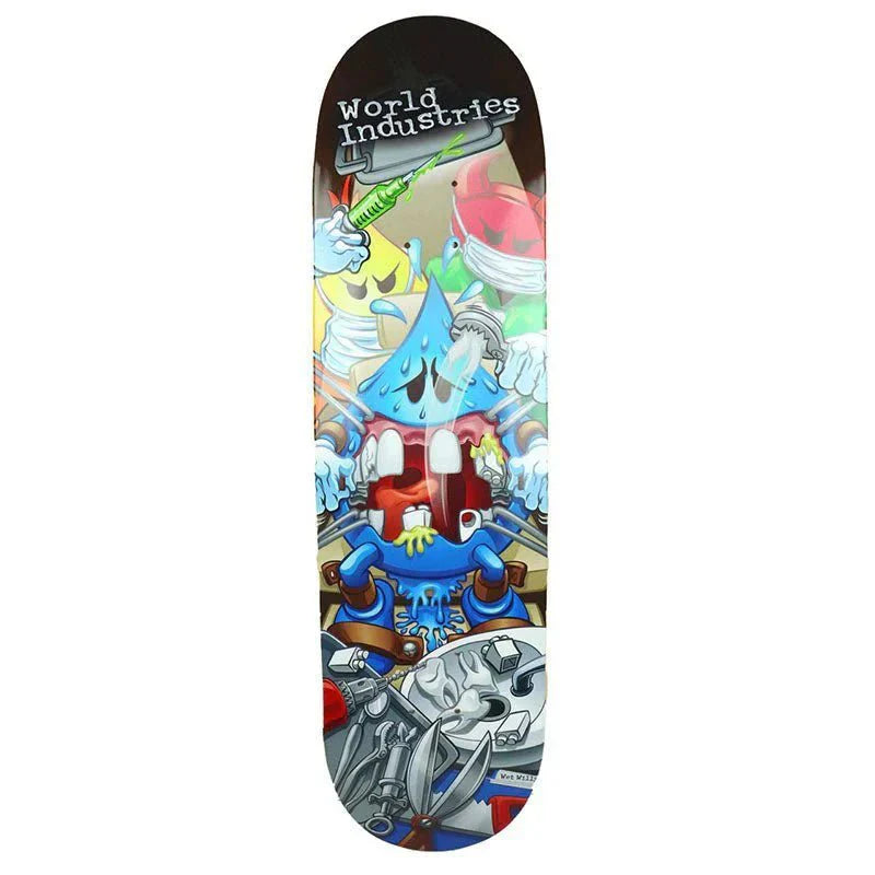 Skateboard deck with colorful cartoon design and 'World Industries' branding on a white background