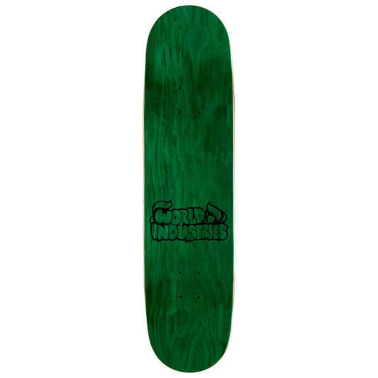 Green skateboard deck with a logo on a white background