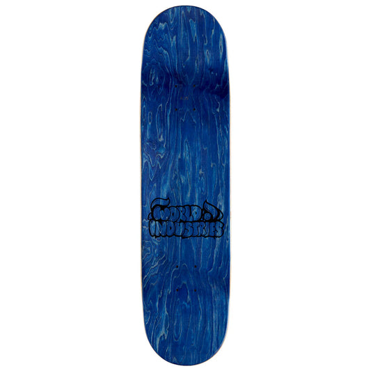 Blue skateboard deck with a logo on a white background