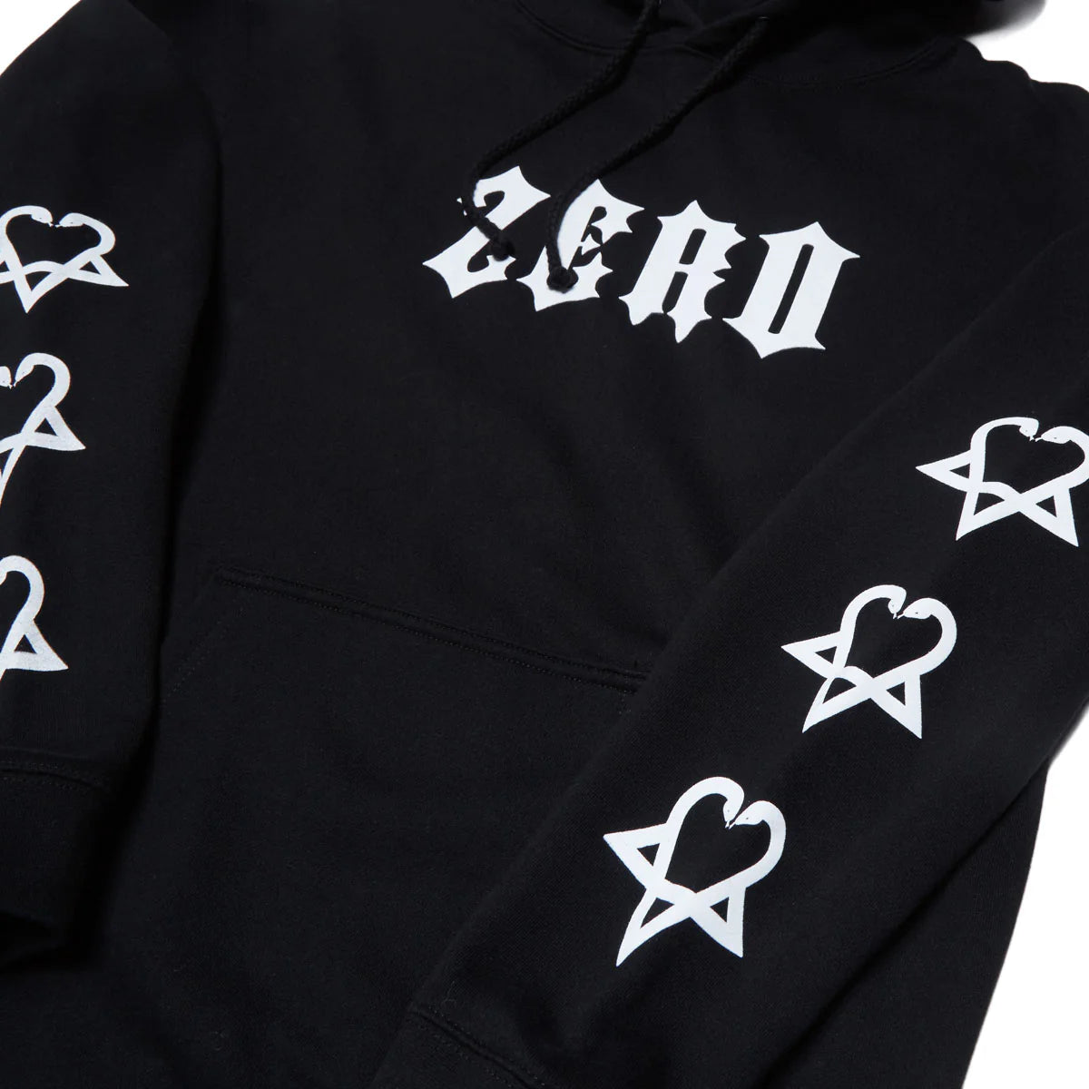 Black hoodie with white 'ZERO' logo and heart-star designs on a white background