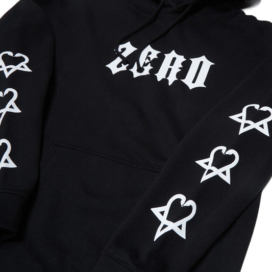 Black hoodie with white 'ZERO' logo and heart-star designs on a white background