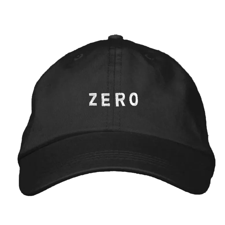 Black cap with 'ZERO' embroidered on a white background