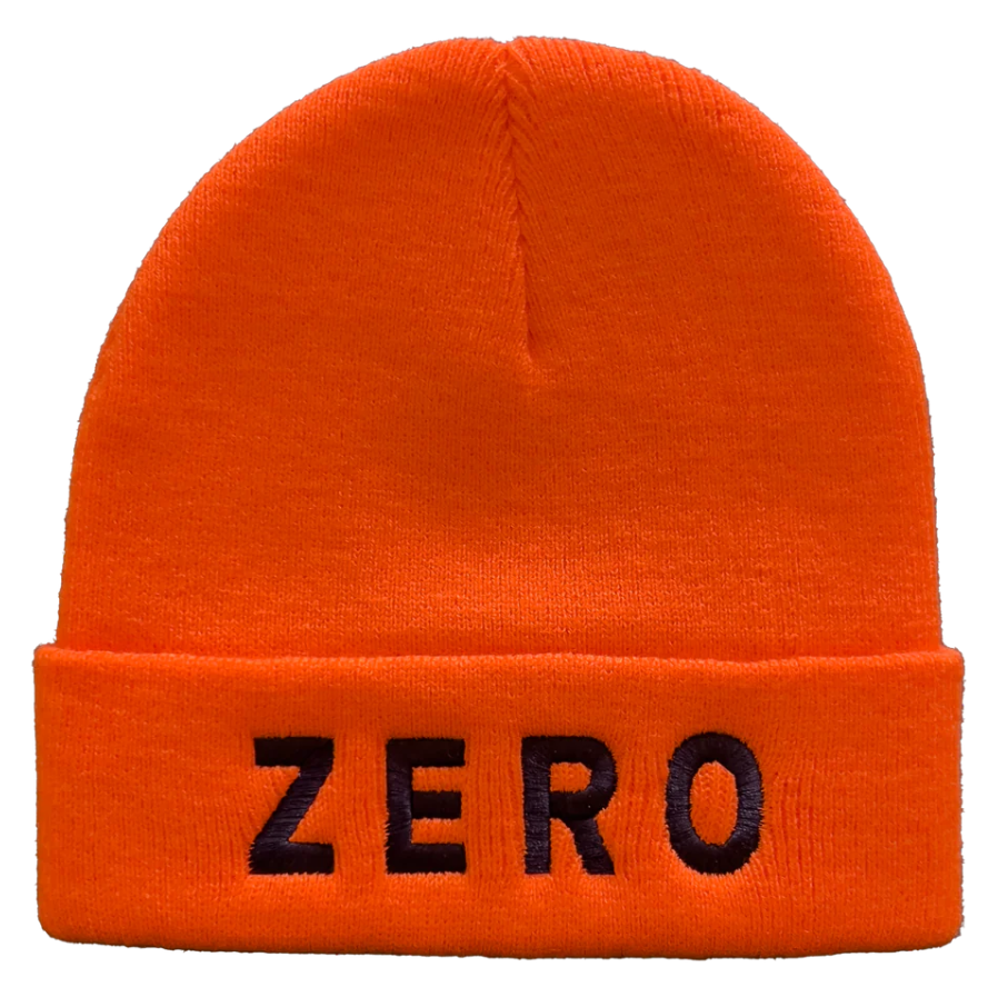 Orange beanie with 'ZERO' embroidery on a white background